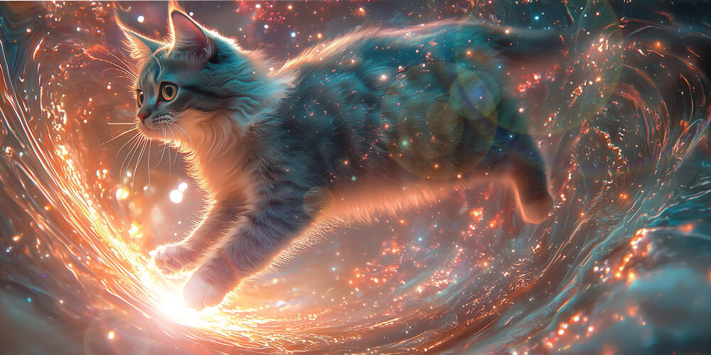 Chaton gris-bleu bondissant à travers un flux d'énergie cosmique aux teintes chaudes et froides, évoquant un soin énergétique à distance.