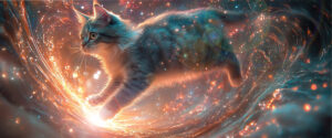 Chaton gris-bleu bondissant à travers un flux d'énergie cosmique aux teintes chaudes et froides, évoquant un soin énergétique à distance.