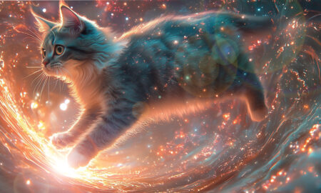 Chaton gris-bleu bondissant à travers un flux d'énergie cosmique aux teintes chaudes et froides, évoquant un soin énergétique à distance.