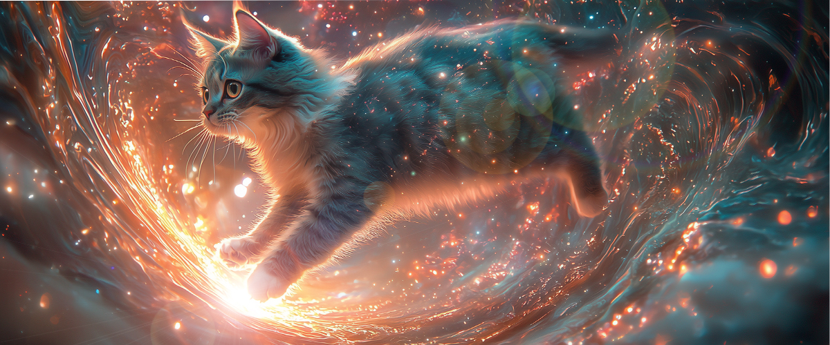 Chaton gris-bleu bondissant à travers un flux d'énergie cosmique aux teintes chaudes et froides, évoquant un soin énergétique à distance.